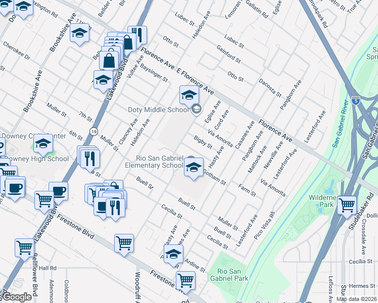 map of restaurants, bars, coffee shops, grocery stores, and more near 9326 Farm Street in Downey