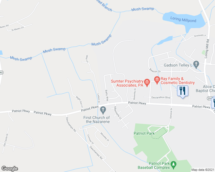 map of restaurants, bars, coffee shops, grocery stores, and more near 575 Batty Way in Sumter