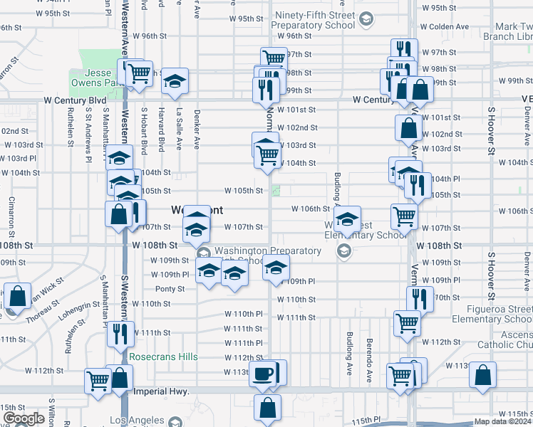 map of restaurants, bars, coffee shops, grocery stores, and more near 10605 Normandie Avenue in Los Angeles