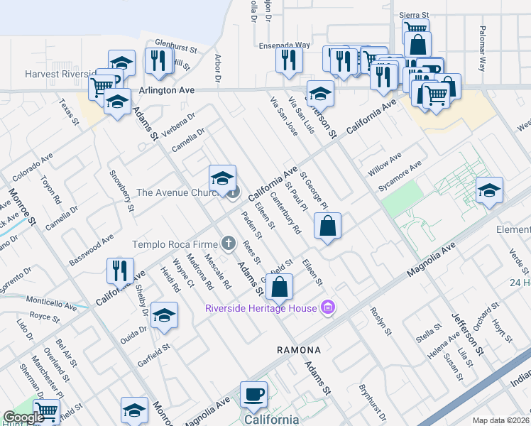 map of restaurants, bars, coffee shops, grocery stores, and more near 4136 Eileen Street in Riverside