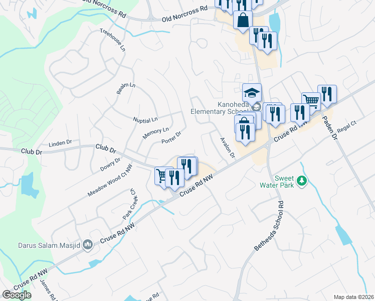 map of restaurants, bars, coffee shops, grocery stores, and more near 1241 Primrose View Circle Northwest in Lawrenceville