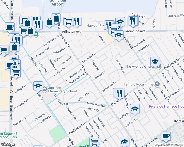 map of restaurants, bars, coffee shops, grocery stores, and more near 4509 Santee Place in Riverside
