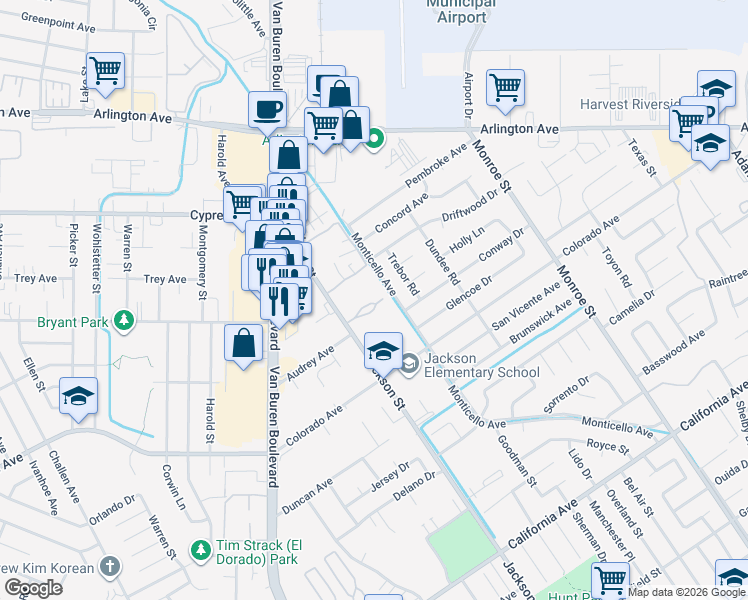 map of restaurants, bars, coffee shops, grocery stores, and more near 4809 Jackson Street in Riverside