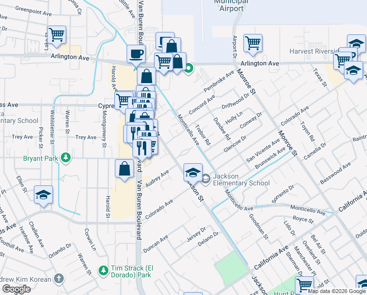 map of restaurants, bars, coffee shops, grocery stores, and more near 4809 Jackson Street in Riverside