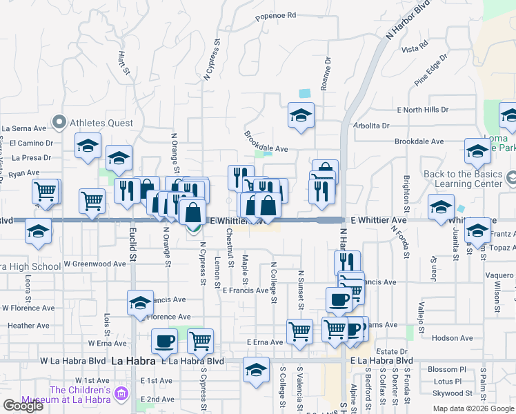 map of restaurants, bars, coffee shops, grocery stores, and more near 870 Greenway Terrace in La Habra