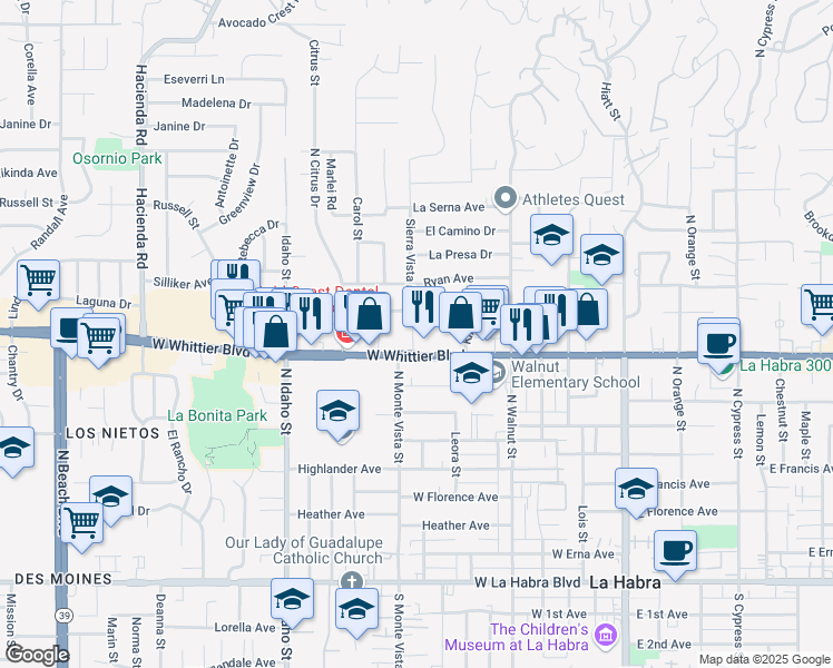 map of restaurants, bars, coffee shops, grocery stores, and more near 710 Linda Avenue in La Habra