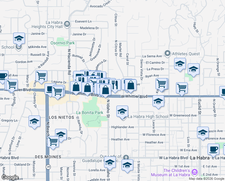 map of restaurants, bars, coffee shops, grocery stores, and more near 1363 North Citrus Drive in La Habra