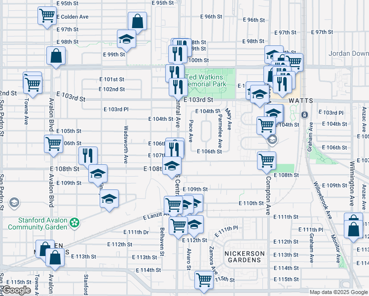 map of restaurants, bars, coffee shops, grocery stores, and more near 10516 South Central Avenue in Los Angeles