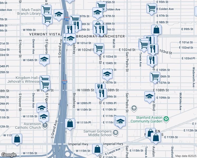 map of restaurants, bars, coffee shops, grocery stores, and more near 10516 South Main Street in Los Angeles