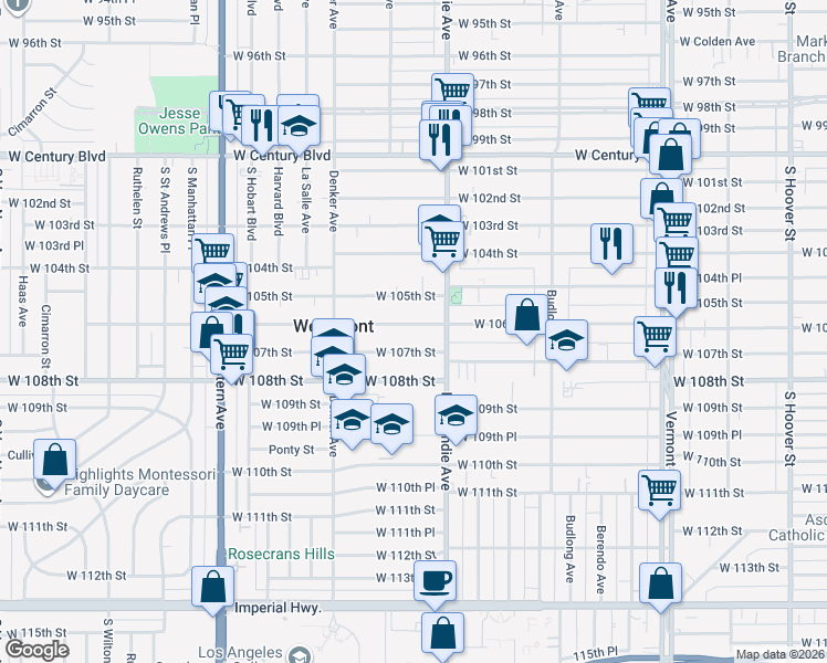map of restaurants, bars, coffee shops, grocery stores, and more near 1444 West 105th Street in Los Angeles