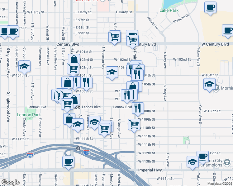 map of restaurants, bars, coffee shops, grocery stores, and more near 4106 West 105th Street in Inglewood