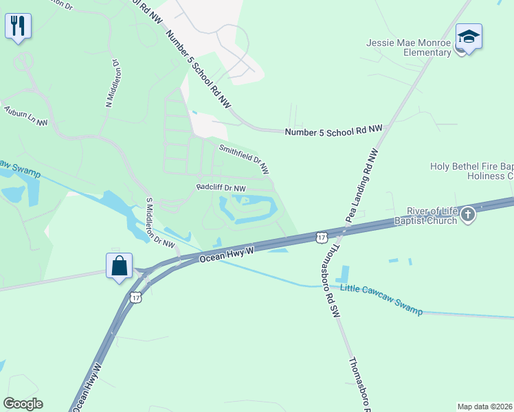 map of restaurants, bars, coffee shops, grocery stores, and more near 8855 Radcliff Drive Northwest in Calabash