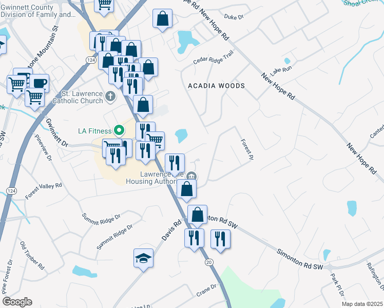map of restaurants, bars, coffee shops, grocery stores, and more near 170 Kubol Drive in Lawrenceville