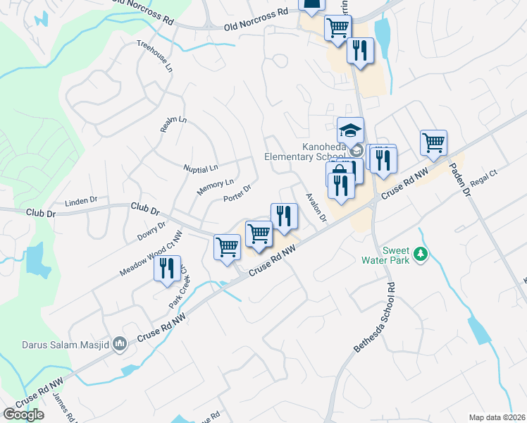 map of restaurants, bars, coffee shops, grocery stores, and more near 2758 Porter Drive in Lawrenceville