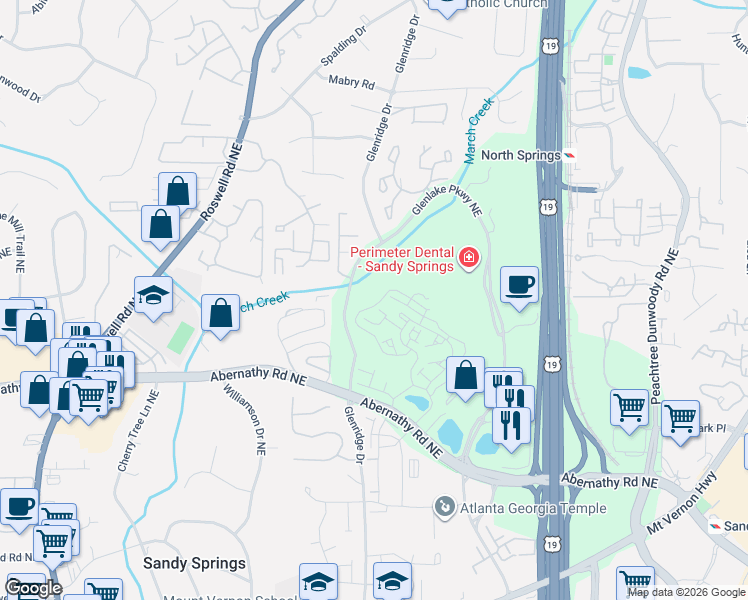 map of restaurants, bars, coffee shops, grocery stores, and more near 6800 Glenridge Drive in Sandy Springs
