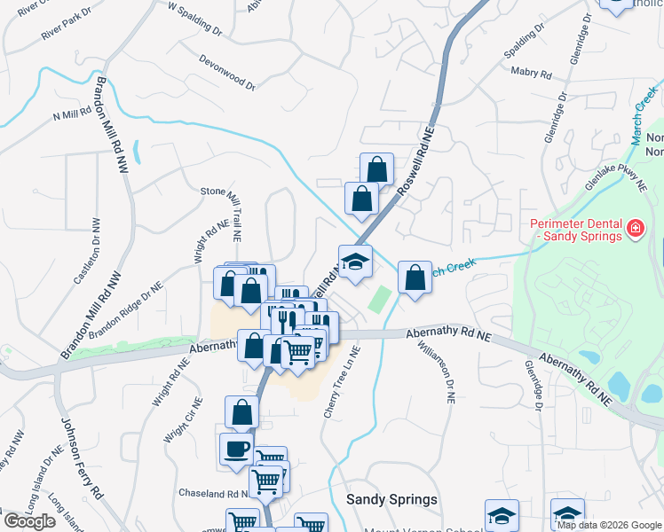 map of restaurants, bars, coffee shops, grocery stores, and more near 6700 Roswell Road in Sandy Springs