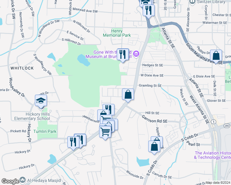 map of restaurants, bars, coffee shops, grocery stores, and more near 130 Senna Street in Marietta