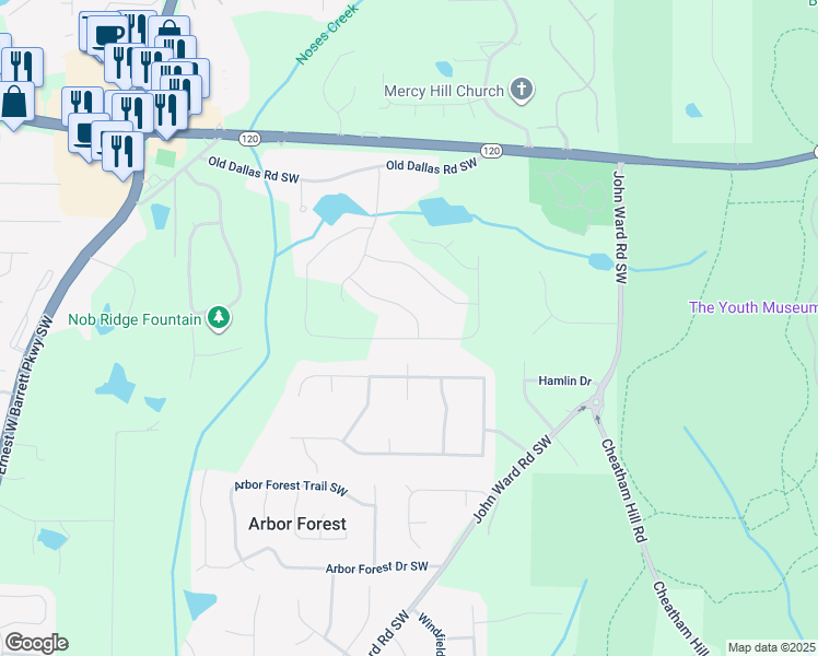 map of restaurants, bars, coffee shops, grocery stores, and more near 2019 Fern Mountain Lane in Marietta