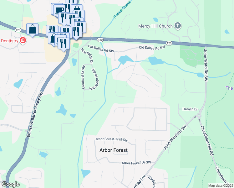 map of restaurants, bars, coffee shops, grocery stores, and more near 777 Nob Ridge Drive in Marietta