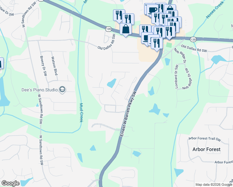 map of restaurants, bars, coffee shops, grocery stores, and more near 2689 Achillea Court in Marietta