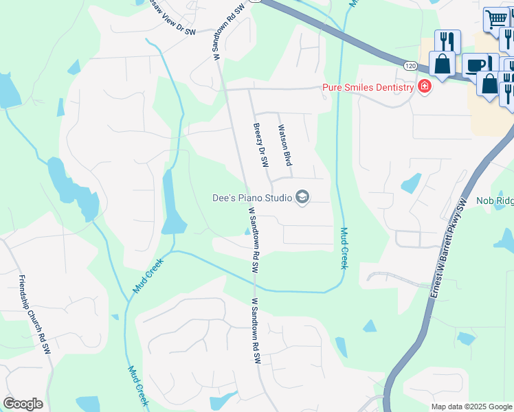 map of restaurants, bars, coffee shops, grocery stores, and more near 553 West Sandtown Road Southwest in Marietta