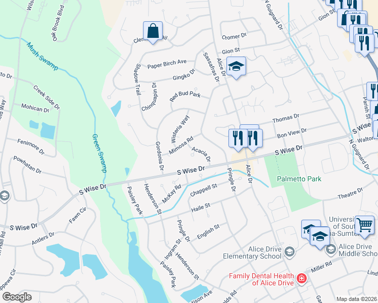 map of restaurants, bars, coffee shops, grocery stores, and more near 6 Fern Court in Sumter