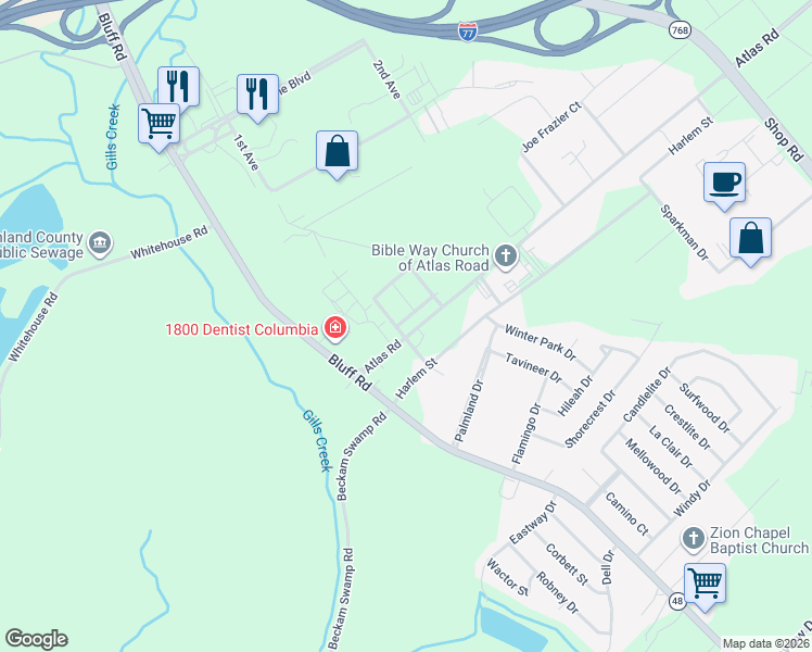 map of restaurants, bars, coffee shops, grocery stores, and more near 200 Jerri Lane in Columbia