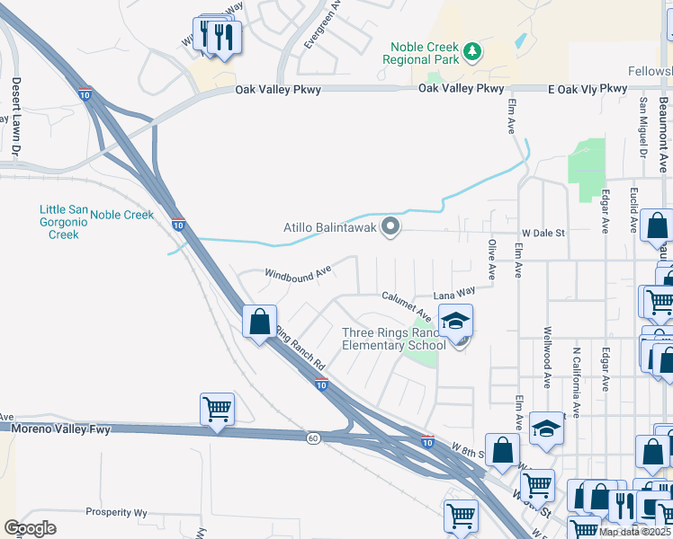map of restaurants, bars, coffee shops, grocery stores, and more near 729 Windbound Avenue in Beaumont