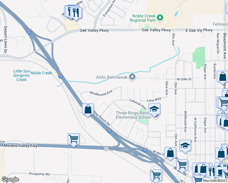 map of restaurants, bars, coffee shops, grocery stores, and more near 729 Windbound Avenue in Beaumont