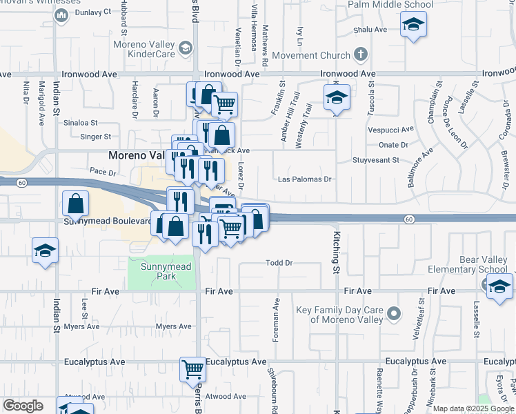 map of restaurants, bars, coffee shops, grocery stores, and more near 25213 Elder Avenue in Moreno Valley