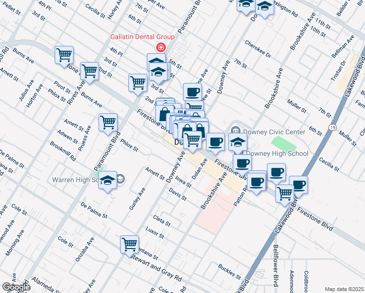 map of restaurants, bars, coffee shops, grocery stores, and more near in Downey