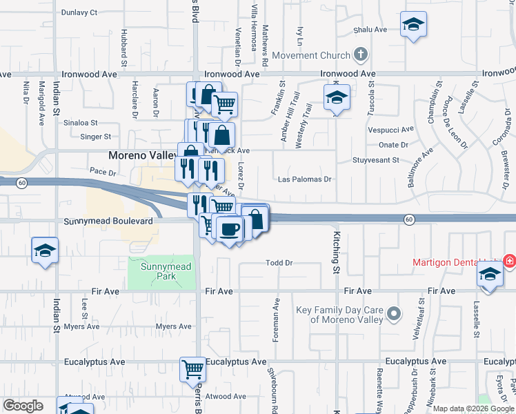 map of restaurants, bars, coffee shops, grocery stores, and more near 25213 Elder Avenue in Moreno Valley