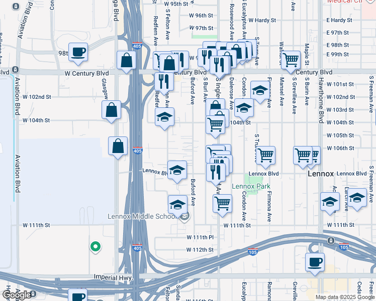 map of restaurants, bars, coffee shops, grocery stores, and more near 10607 Buford Avenue in Inglewood