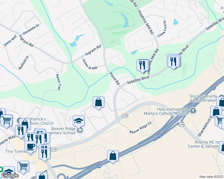 map of restaurants, bars, coffee shops, grocery stores, and more near 2073 Pond Road in Duluth