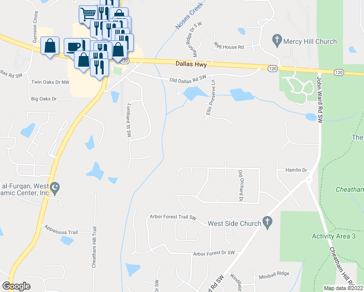 map of restaurants, bars, coffee shops, grocery stores, and more near 777 Nob Ridge Drive in Marietta