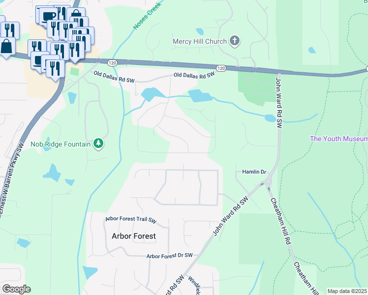 map of restaurants, bars, coffee shops, grocery stores, and more near 2019 Fern Mountain Lane in Marietta
