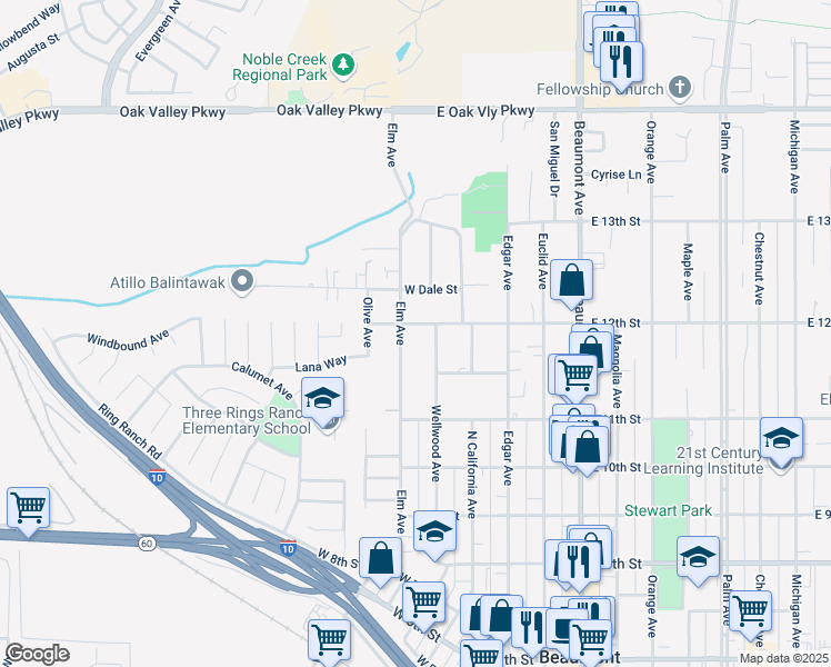 map of restaurants, bars, coffee shops, grocery stores, and more near 272 West 12th Street in Beaumont