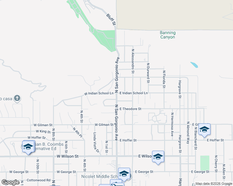 map of restaurants, bars, coffee shops, grocery stores, and more near 0 East Indian School Lane in Banning