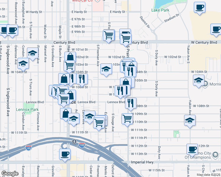 map of restaurants, bars, coffee shops, grocery stores, and more near 4106 West 105th Street in Inglewood