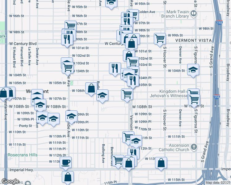 map of restaurants, bars, coffee shops, grocery stores, and more near 1052 West 106th Street in Los Angeles