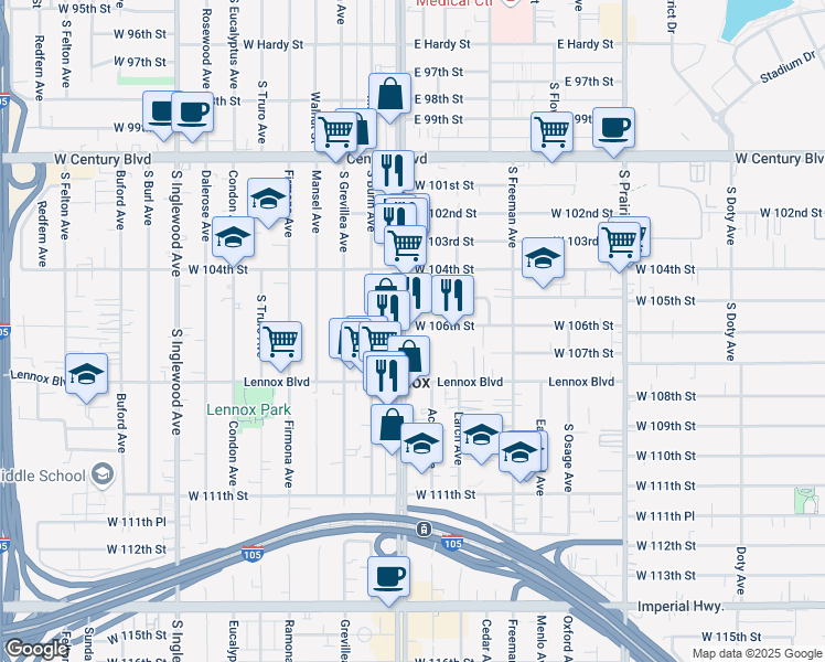 map of restaurants, bars, coffee shops, grocery stores, and more near 4332 West 105th Street in Inglewood
