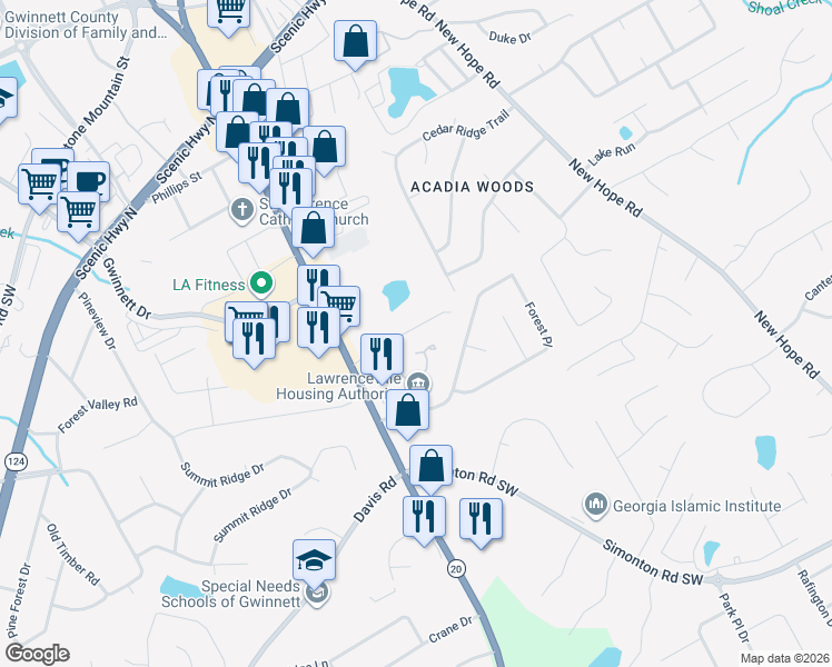 map of restaurants, bars, coffee shops, grocery stores, and more near 180 Kubol Drive in Lawrenceville