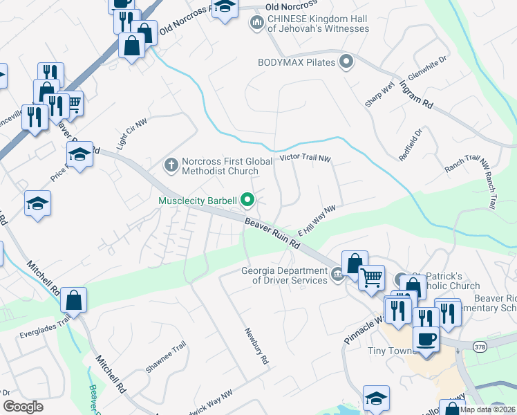 map of restaurants, bars, coffee shops, grocery stores, and more near 2340 Beaver Ruin Road in Norcross