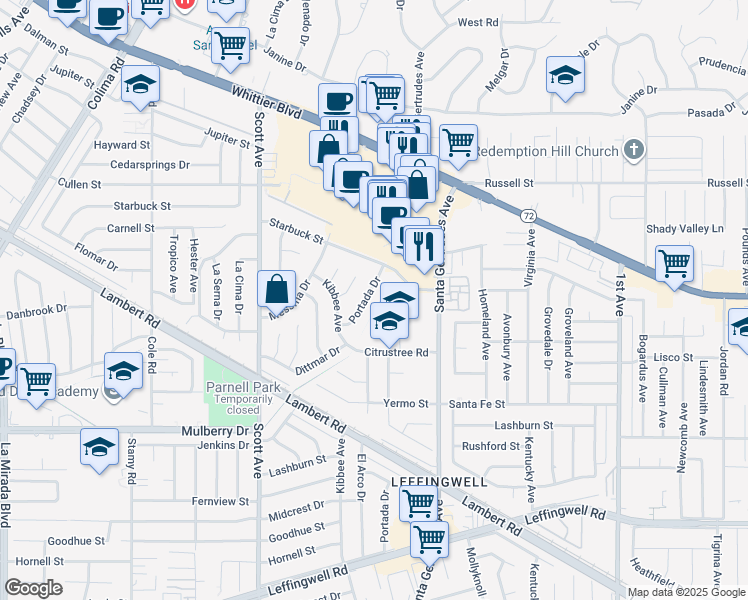 map of restaurants, bars, coffee shops, grocery stores, and more near 10442 Portada Drive in Whittier