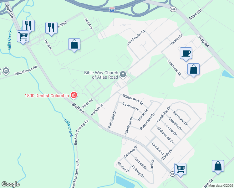 map of restaurants, bars, coffee shops, grocery stores, and more near 4000 Winter Park Drive in Columbia