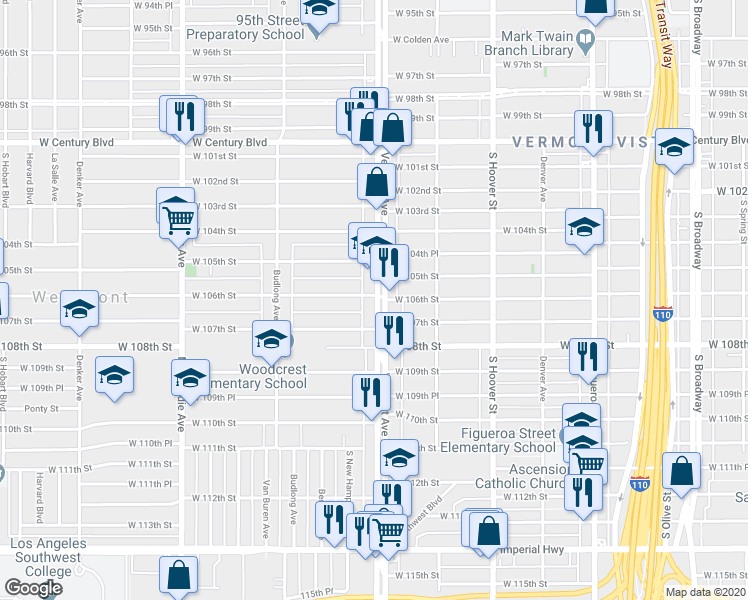 map of restaurants, bars, coffee shops, grocery stores, and more near 10601 South Vermont Avenue in Los Angeles