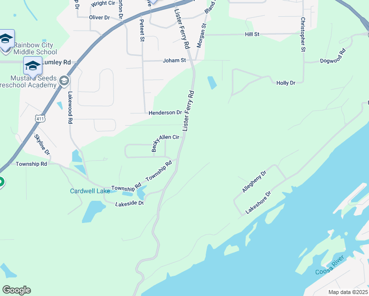 map of restaurants, bars, coffee shops, grocery stores, and more near 137 Becky Allen Circle in Rainbow City