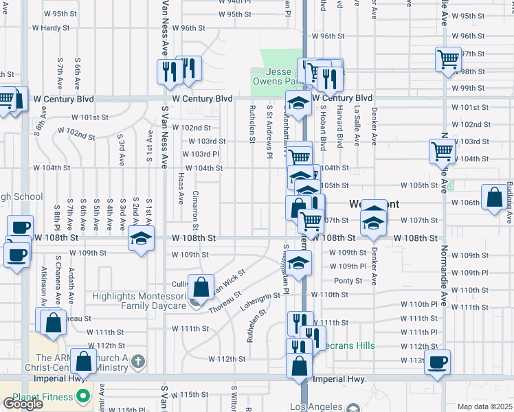 map of restaurants, bars, coffee shops, grocery stores, and more near 10600 Ruthelen Street in Los Angeles