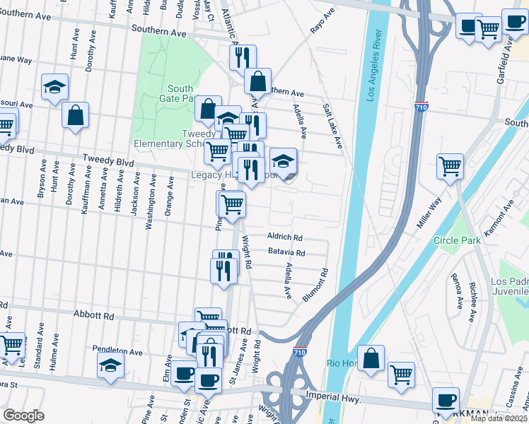 map of restaurants, bars, coffee shops, grocery stores, and more near 5136 Chakemco Street in South Gate