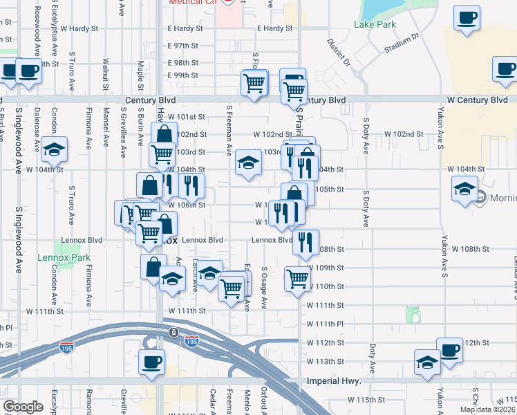 map of restaurants, bars, coffee shops, grocery stores, and more near 4108 West 106th Street in Inglewood